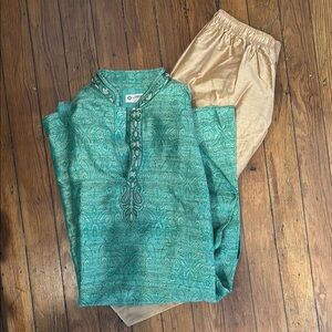 Teal Kurta with Gold Pants